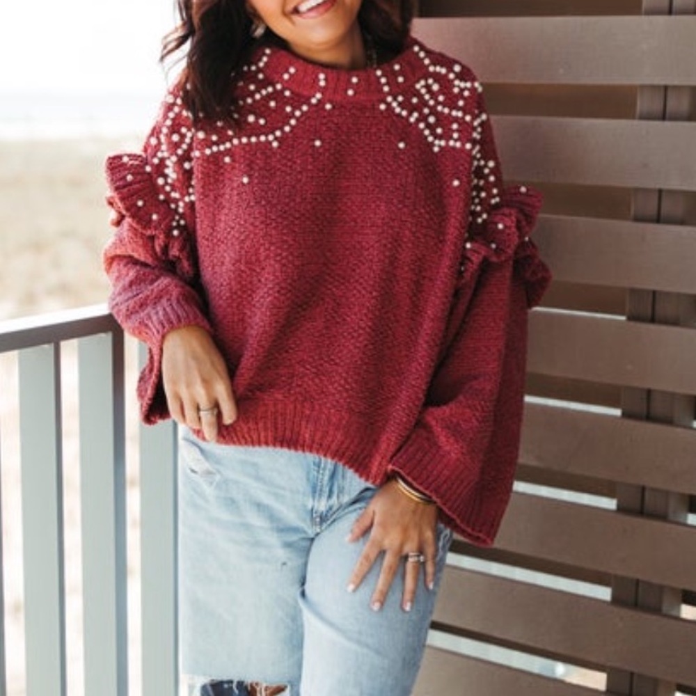 POL Pearl-Embellished Sweater - Burgundy
